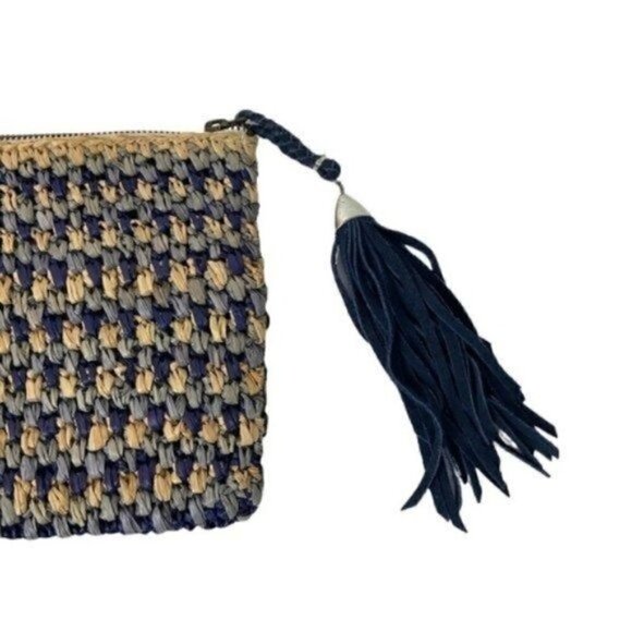 Flora Bella Seabreeze Clutch Bag Braided 100% Raffia Zippered w/ Tassle 13” X 7” - Picture 6 of 11